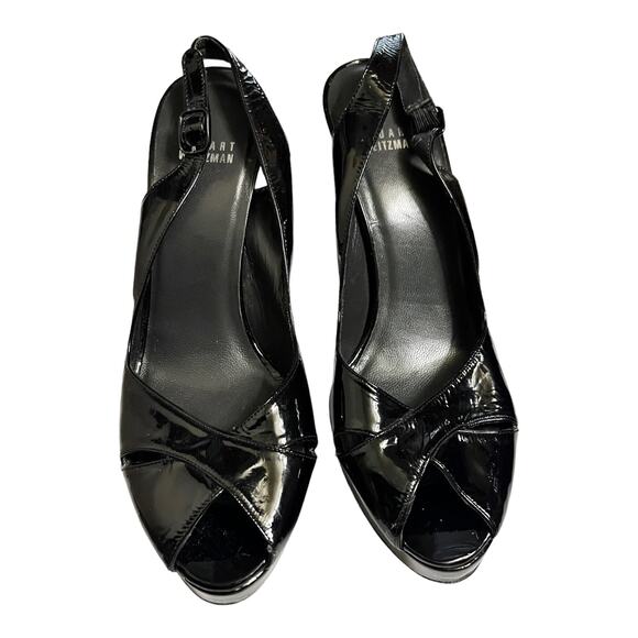 STUART WEITZMAN Platform Patent Leather Pumps Peep Toe Slingback Block Heels 8.5 - Picture 3 of 13